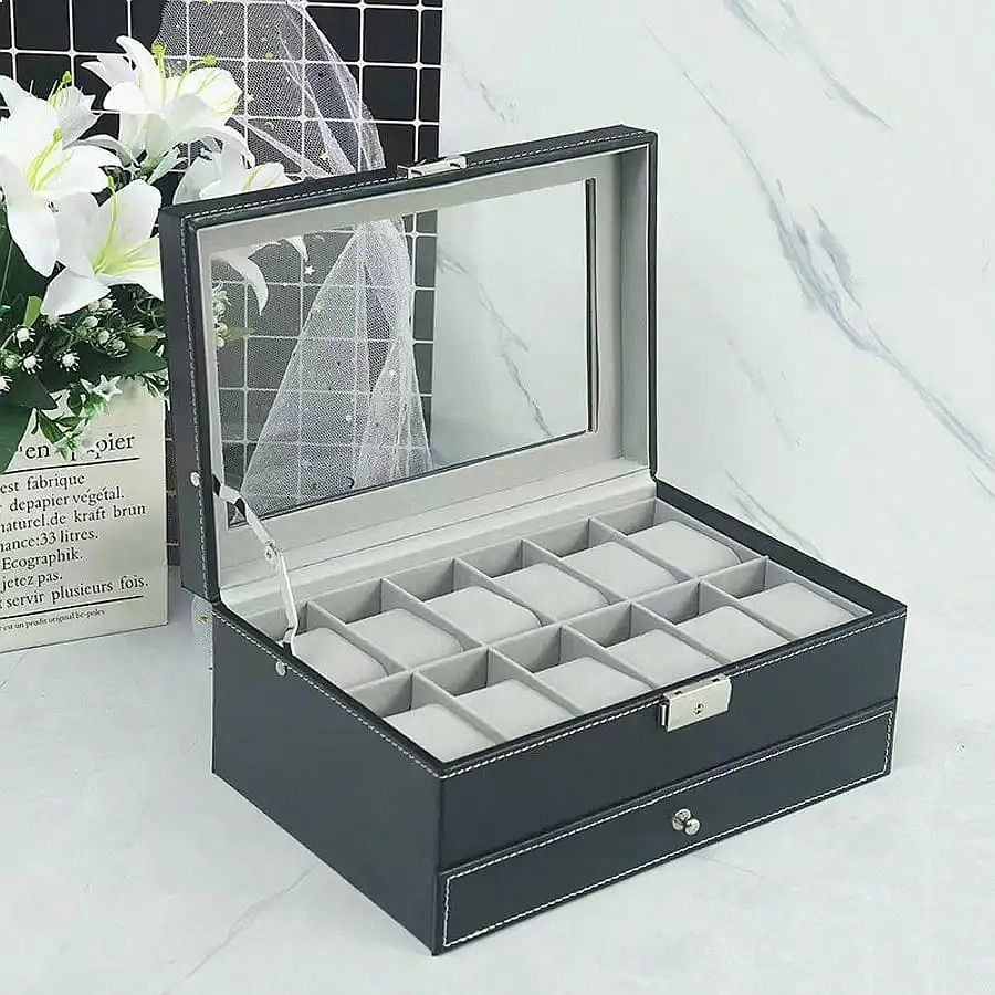 12-Slot Watch Box with Drawer, - đánh giá và giá Watch Display Box